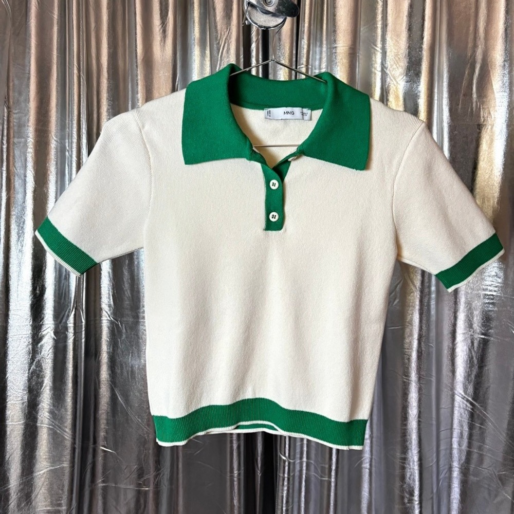 Mango Cream Green Contrast Knit Polo Top